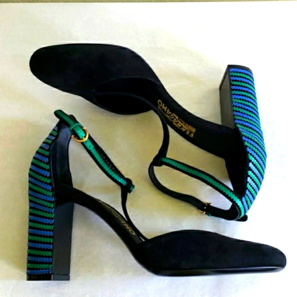 NWOT Salvatore Ferragamo Fergie Suede/Leather T-strap Shoes Size 9 1/2 … - Picture 2 of 11